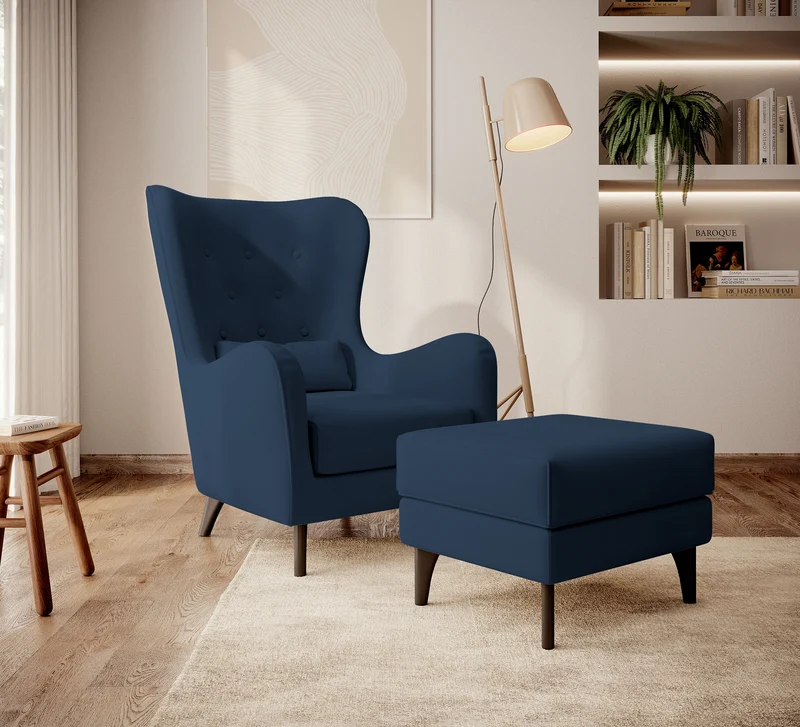Relaxsessel Ohrenbackensessel Calmino in marineblau aus wasserabweisendem Samtstoff, Beine in Wenge-Farbe