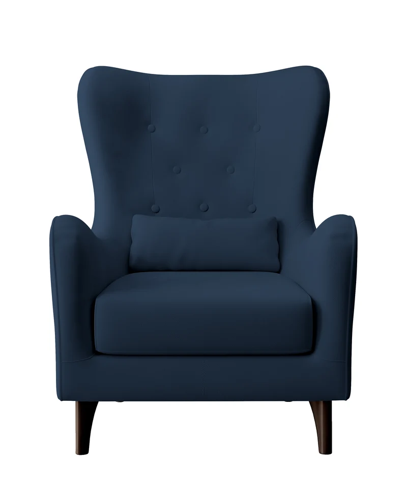 Relaxsessel Ohrenbackensessel Calmino in marineblau aus wasserabweisendem Samtstoff, Beine in Wenge-Farbe
