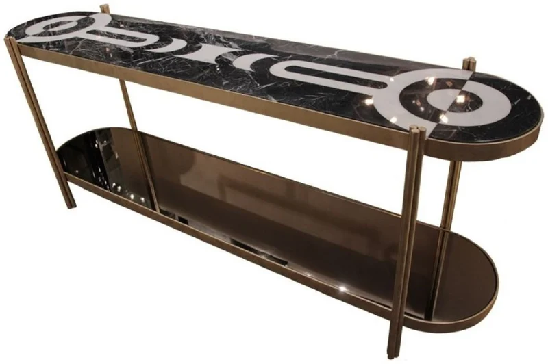 Casa Padrino Luxus Konsole Messingfarben / Schwarz / Weiß 220 x 45 x H. 85 cm - Konsolentisch mit Marmorplatte und Glasregal - Hotel Möbel - Luxus Qualität