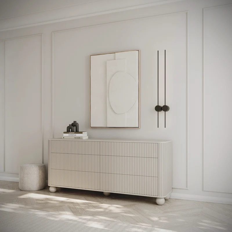 Kommode Arvello mit Fräsungen und sechs Schubladen, 168 cm, auf Kugelfüßen, beige sandfarben