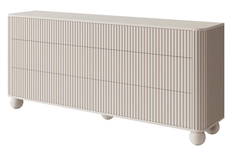 Kommode Arvello mit Fräsungen und sechs Schubladen, 168 cm, auf Kugelfüßen, beige sandfarben