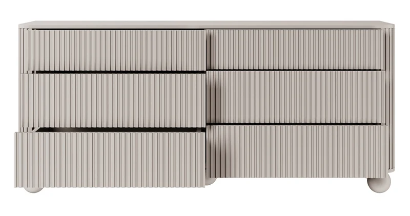 Kommode Arvello mit Fräsungen und sechs Schubladen, 168 cm, auf Kugelfüßen, beige sandfarben