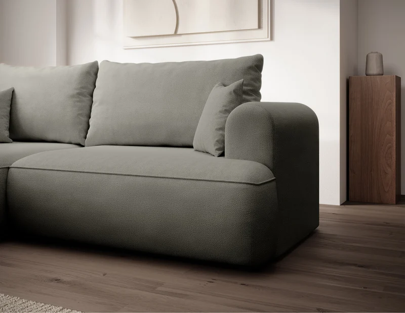 Ecksofa mit Schlaffunktion Ovo Mini, L-förmig, linksseitig, mit Stauraum, hellgrauer, pflegeleichter Chenille-Stoff