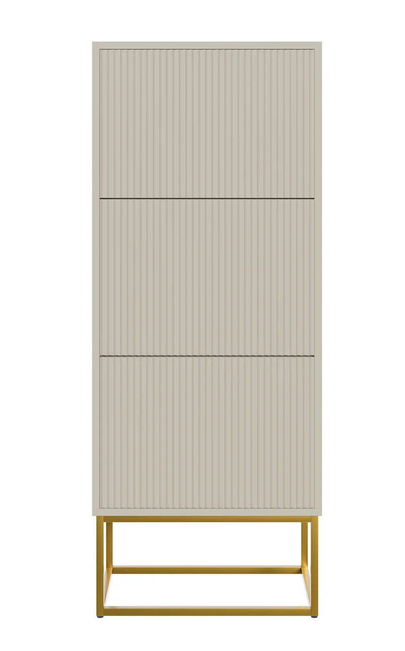 Schuhschrank Veldio mit gefräster Front und drei Fächern, 50 cm, grau-beige mit goldenen Beinen