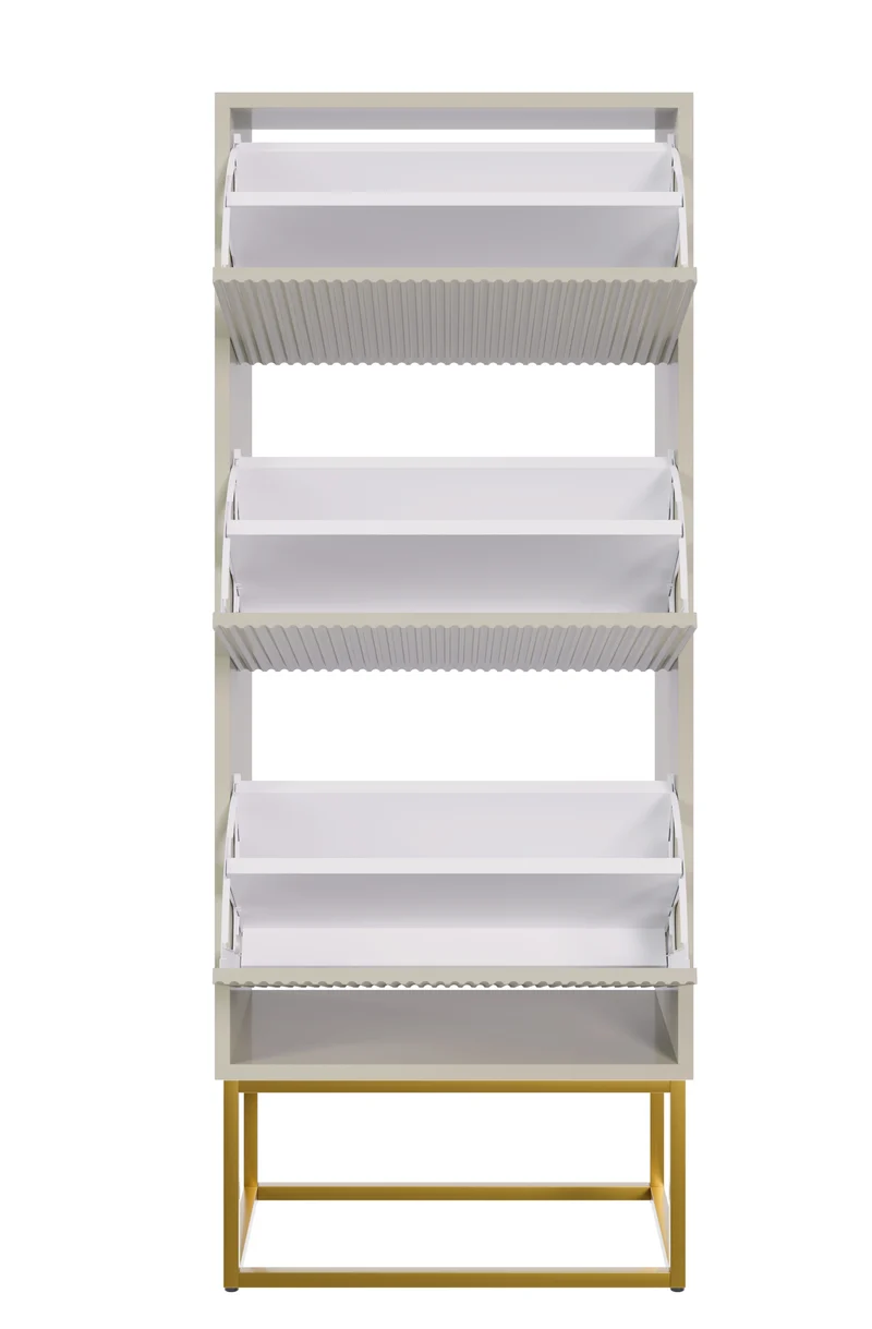 Schuhschrank Veldio mit gefräster Front und drei Fächern, 50 cm, grau-beige mit goldenen Beinen