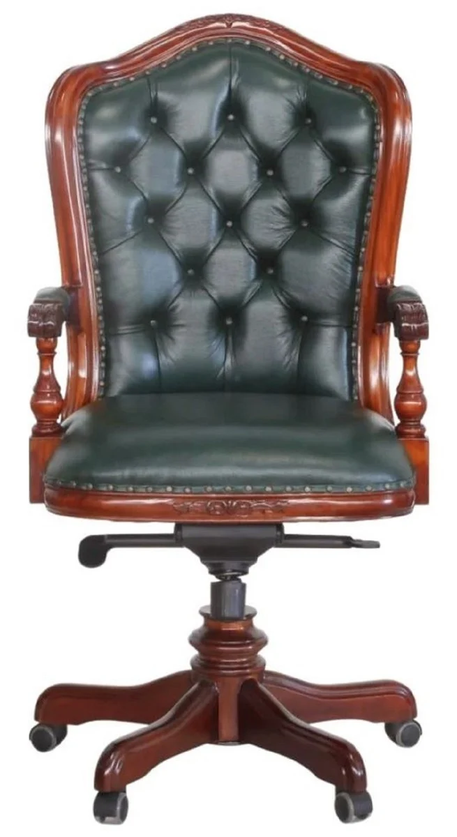 Casa Padrino Luxus Barock Chesterfield Echtleder Schreibtischstuhl Dunkelgrün / Braun H. 123 cm - Barock Büro Möbel