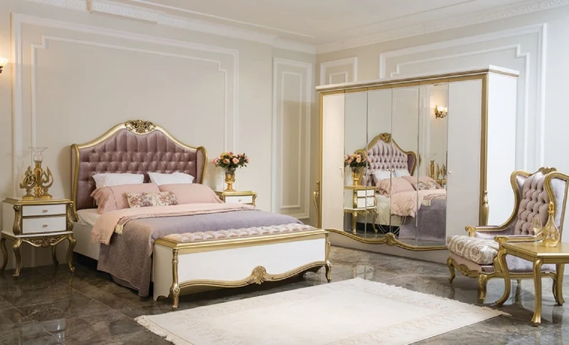 Casa Padrino Luxus Barock Schlafzimmer Set Lila / Rosa / Weiß / Gold - 1 Doppelbett mit Kopfteil & 2 Nachttische - Barock Schlafzimmer Möbel - Edel & Prunkvoll