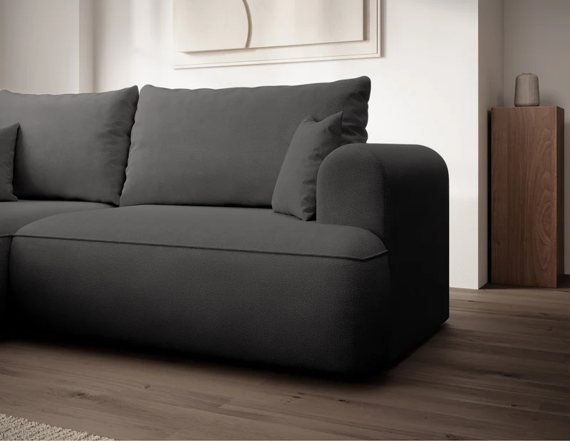Ecksofa mit Schlaffunktion Ovo Mini, L-förmig, linksseitig, mit Stauraum, dunkelgrauer, pflegeleichter Chenillestoff