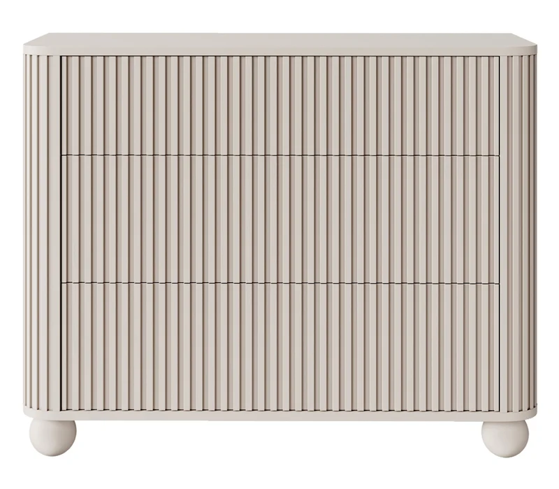 Kommode Arvello mit Fräsungen und drei Schubladen, 93 cm, auf Kugelfüßen, beige sandfarben