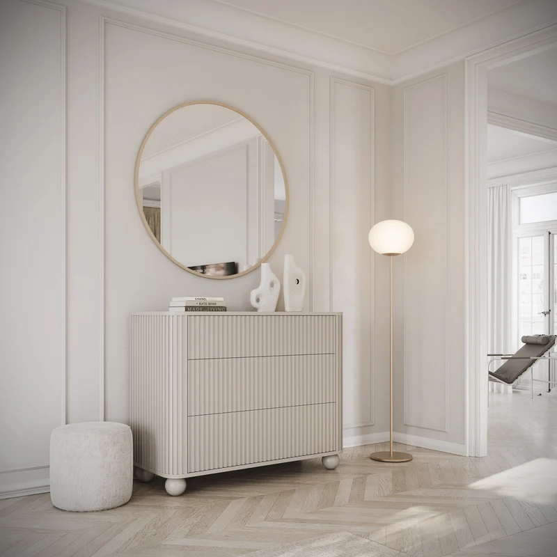Kommode Arvello mit Fräsungen und drei Schubladen, 93 cm, auf Kugelfüßen, beige sandfarben
