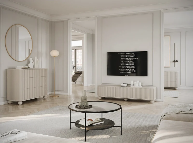 TV-Schrank Arvello mit Rillen, dreitürig, 163 cm, auf Kugelfüßen, sandbeige