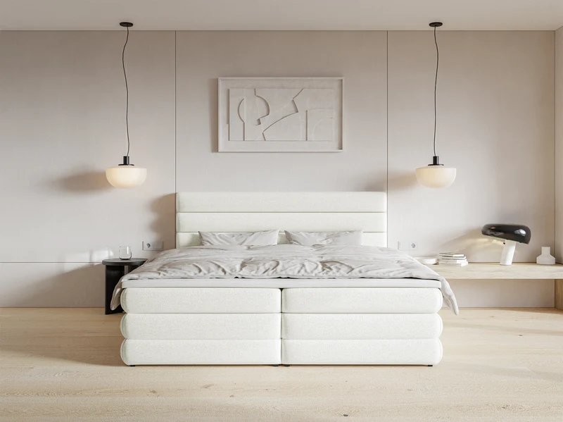 Kontinentalbett 180x200 cm Alegre mit Topper und zwei Stauraumfächern, weiß, hydrophobes Chenille
