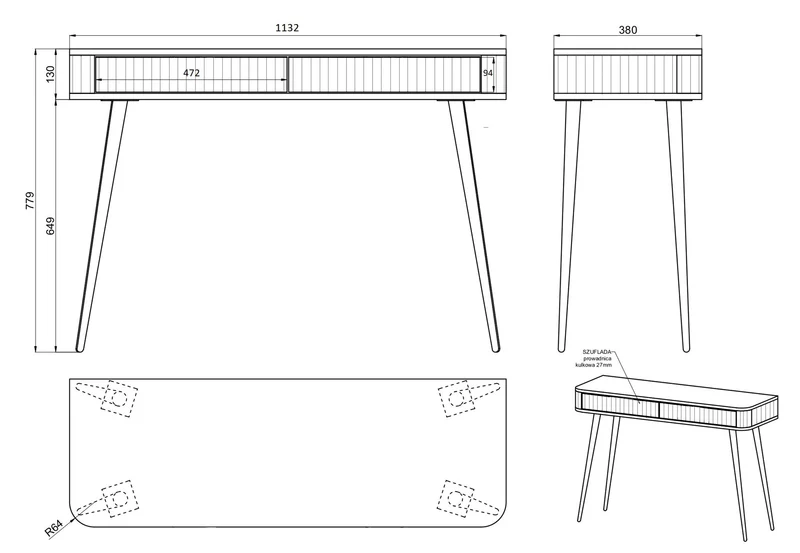 Ovarlo Schminktisch mit Rillen und zwei Schubladen, 113 cm, schwarz mit schwarzen Beinen