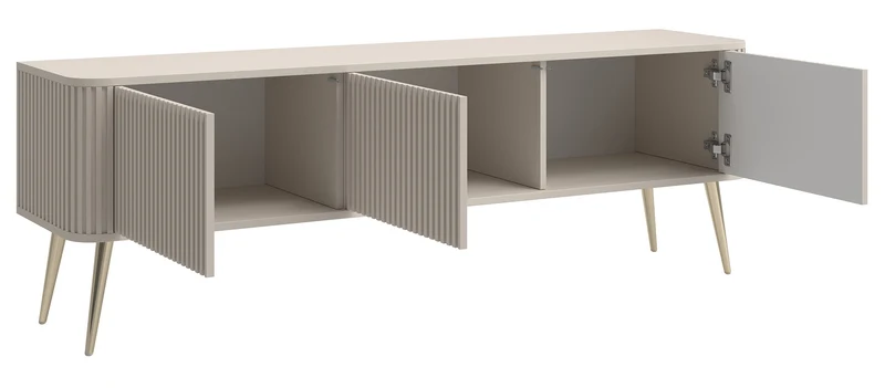 TV-Schrank Ovarlo mit Rillen, dreitürig, 163 cm, sandbeige mit goldenen Beinen