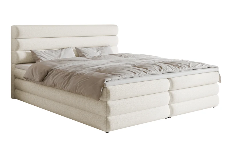 Kontinentales Bett 160x200 cm Alegre mit Topper und zwei Aufbewahrungsboxen, hellbeiger hydrophober Chenille-Stoff