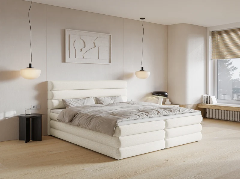 Kontinentales Bett 160x200 cm Alegre mit Topper und zwei Aufbewahrungsboxen, hellbeiger hydrophober Chenille-Stoff