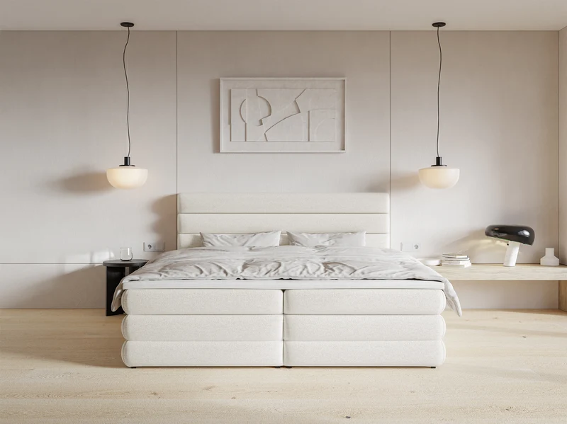 Kontinentales Bett 160x200 cm Alegre mit Topper und zwei Aufbewahrungsboxen, hellbeiger hydrophober Chenille-Stoff