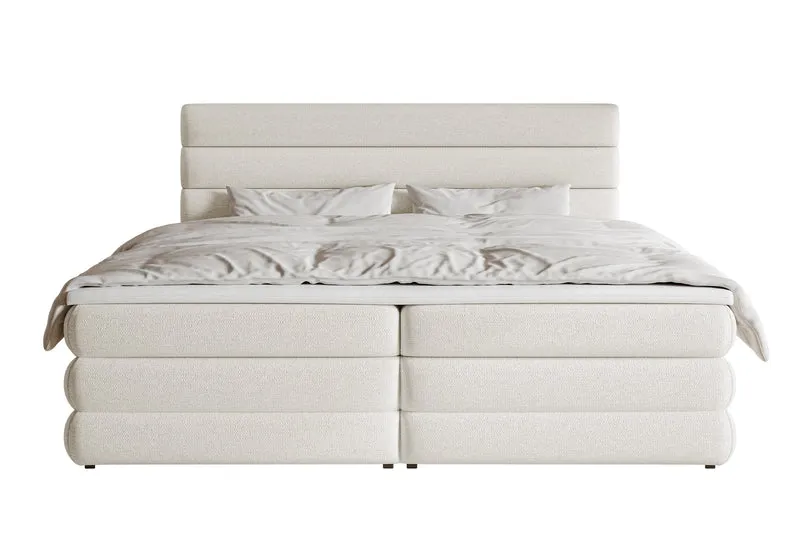 Kontinentales Bett 160x200 cm Alegre mit Topper und zwei Aufbewahrungsboxen, hellbeiger hydrophober Chenille-Stoff