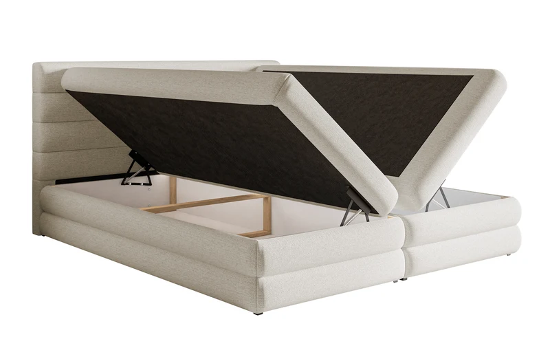 Kontinentales Bett 160x200 cm Alegre mit Topper und zwei Aufbewahrungsboxen, hellbeiger hydrophober Chenille-Stoff
