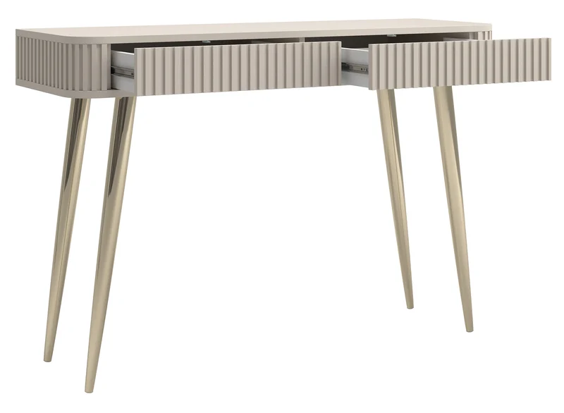 Toilettentisch Ovarlo mit Rillen und zwei Schubladen, 113 cm, sandbeige mit goldenen Beinen