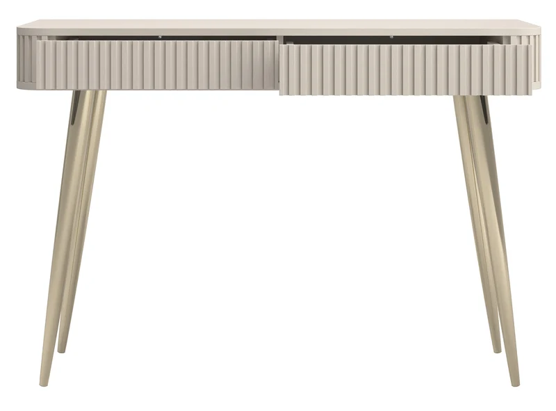 Toilettentisch Ovarlo mit Rillen und zwei Schubladen, 113 cm, sandbeige mit goldenen Beinen