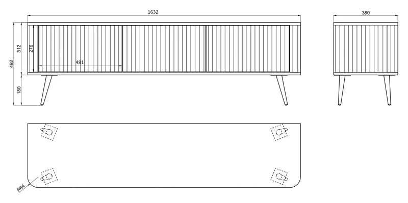 TV-Schrank Ovarlo mit Rillen, dreitürig, 163 cm, schwarz mit schwarzen Beinen