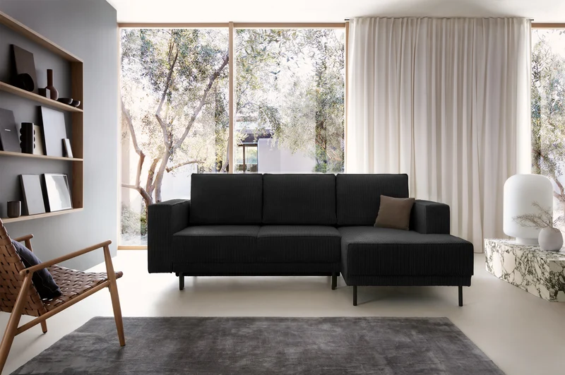 Ecksofa mit Schlaf funktion Rodario mini, L-förmig, mit Stauraum, schwarzer Cord, rechtsseitig