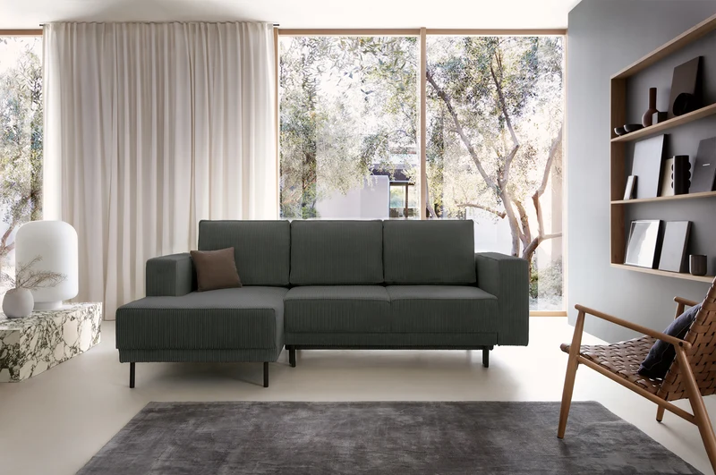 Ecksofa mit Schlaffunktion Rodario Mini L-förmig mit Stauraum, grau Cord, linksseitig