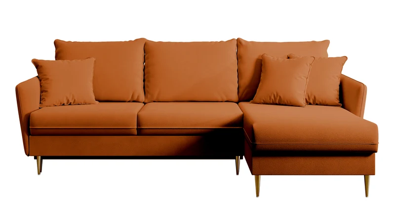Ecksofa mit Schlafunktion Volio, kupferfarbener wasserabweisender Samt, universell, goldene Beine