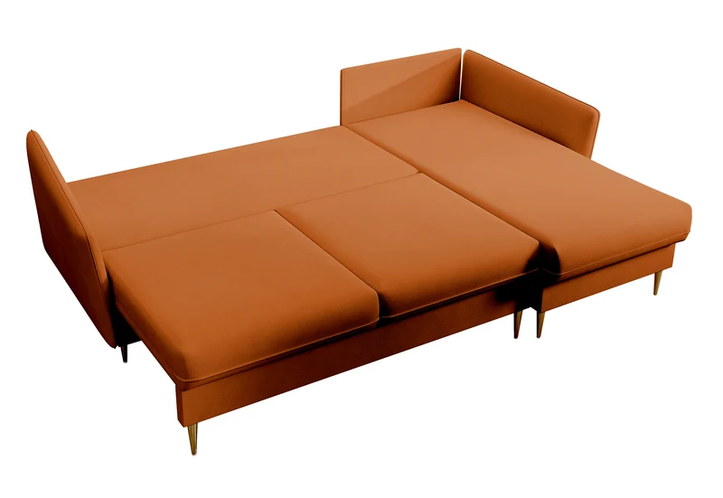 Ecksofa mit Schlafunktion Volio, kupferfarbener wasserabweisender Samt, universell, goldene Beine