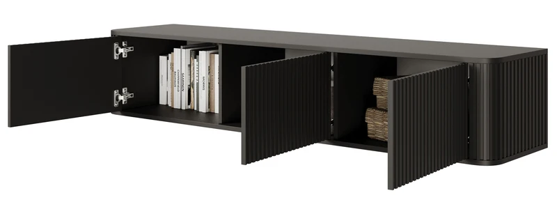 Hängender TV-Schrank Ovarlo mit Rillen, dreitürig, 163 cm, schwarz