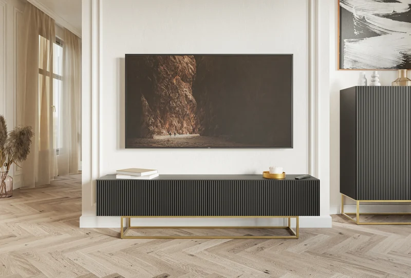 TV-Schrank Veldio mit gefräster Front, 175 cm, Schwarz mit goldenen Beinen