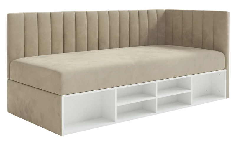 Jugendbett 90x200 cm Ventrio rechtsseitig mit Stauraum und Regalen, hellgraubeiger Velours, wasserabweisend und leicht zu reinigen