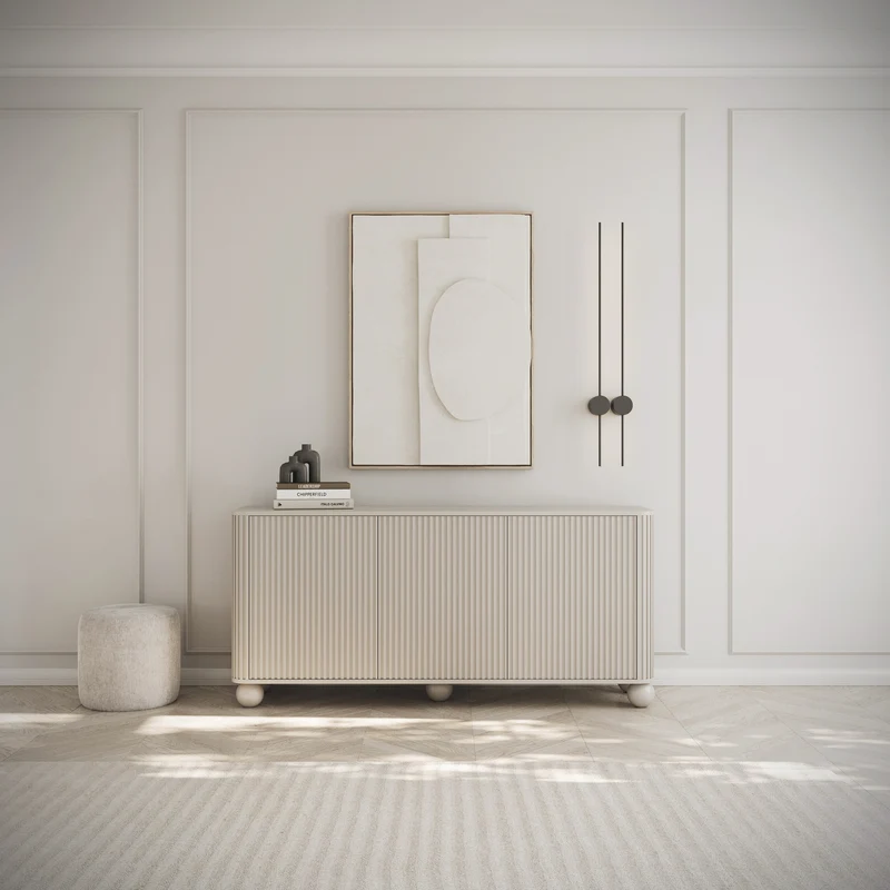 Kommode Arvello mit Fräsungen, dreitürig, 163 cm, auf kugelförmigen Beinen, Sandbeige