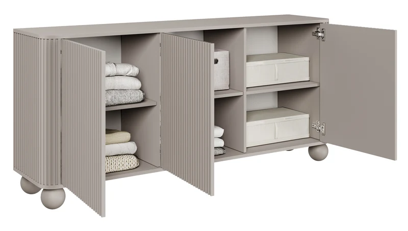 Kommode Arvello mit Fräsungen, dreitürig, 163 cm, auf kugelförmigen Beinen, Sandbeige