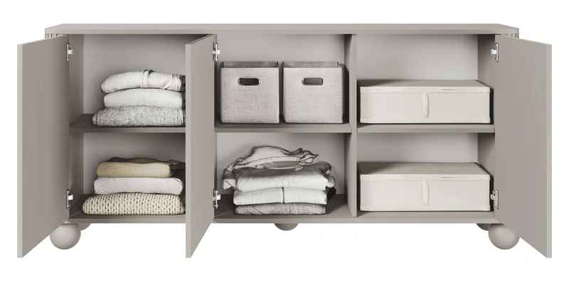 Kommode Arvello mit Fräsungen, dreitürig, 163 cm, auf kugelförmigen Beinen, Sandbeige