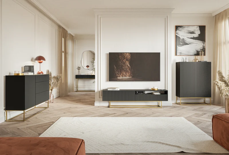 TV-Schrank Veldio mit gefräster Front und Nische, 175 cm, Schwarz mit goldenen Beinen