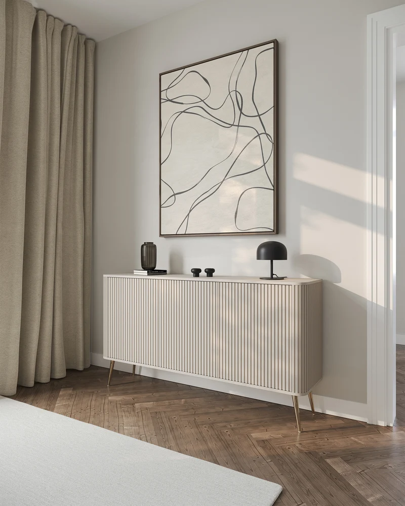 Kommode Ovarlo mit Fräsungen, dreitürig, 163 cm, sandbeige mit goldenen Beinen