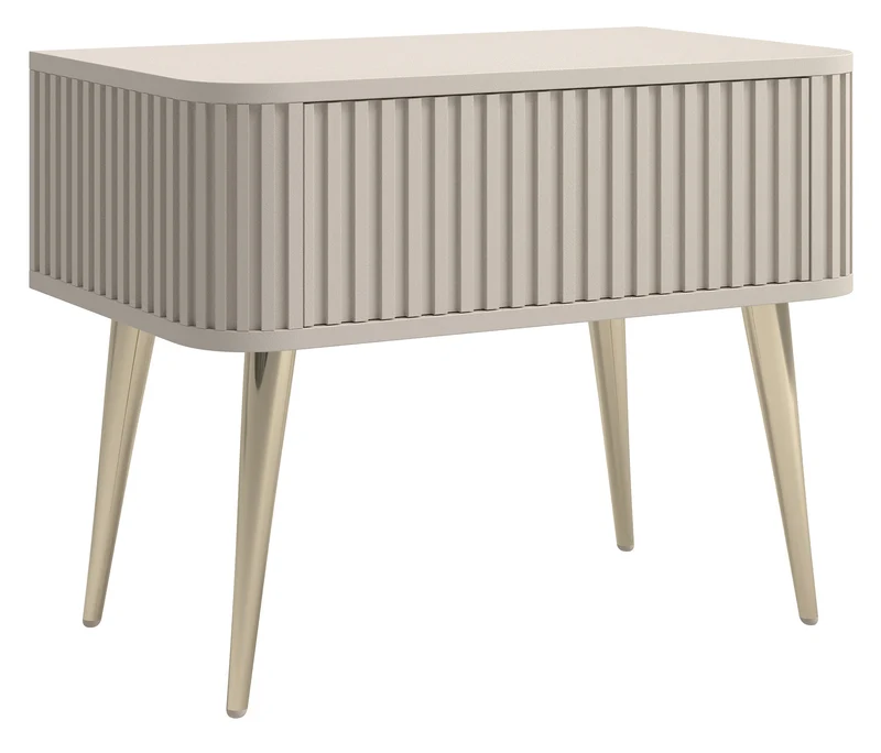 Nachttisch Ovarlo mit Rillen und Schublade, 63 cm, sandbeige mit goldenen Beinen