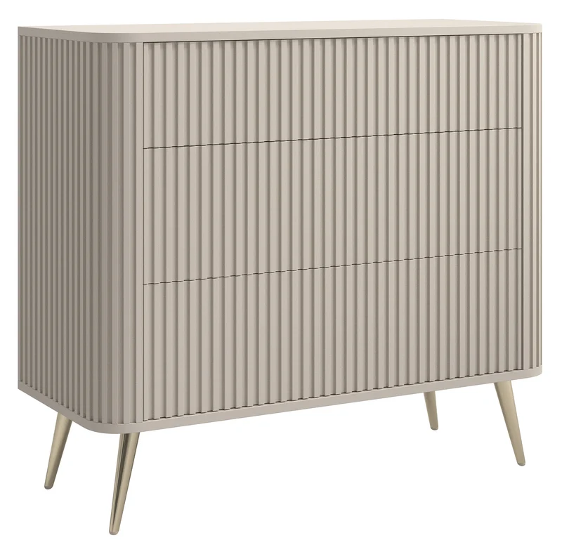 Kommode Ovarlo mit Fräsungen und drei Schubladen, 93 cm, sandbeige mit goldenen Beinen