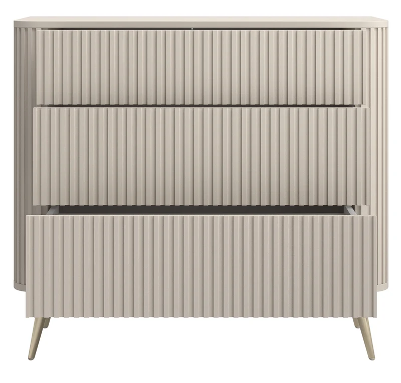Kommode Ovarlo mit Fräsungen und drei Schubladen, 93 cm, sandbeige mit goldenen Beinen