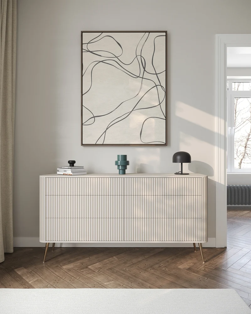 Kommode Ovarlo mit Fräsungen und sechs Schubladen, 168 cm, schwarz mit schwarzen Beinen