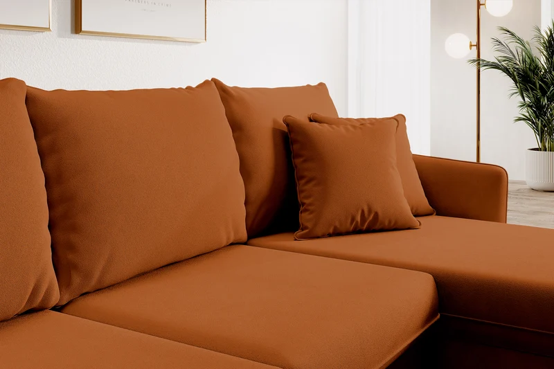 Ecksofa mit Schlaffunktion Volio, kupferfarbener wasserabweisender Samt, universell, schwarze Beine