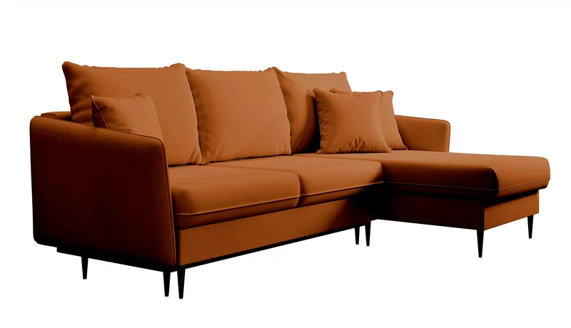 Ecksofa mit Schlaffunktion Volio, kupferfarbener wasserabweisender Samt, universell, schwarze Beine