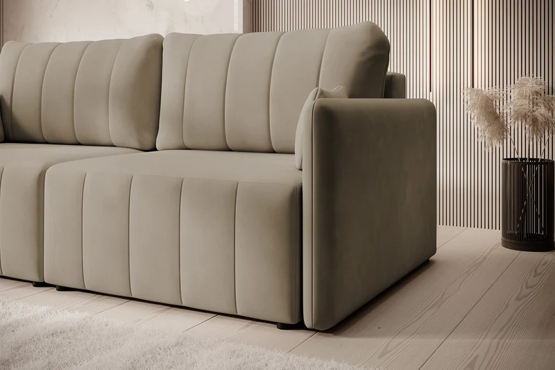 Ausziehbare Eckcouch Pierra mit Stauraum, beige, wasserabweisender Samt
