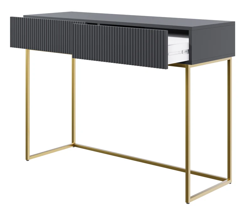 Toilettentisch Veldio mit gefräster Front und zwei Schubladen, 110 cm, Schwarz mit goldenen Beinen