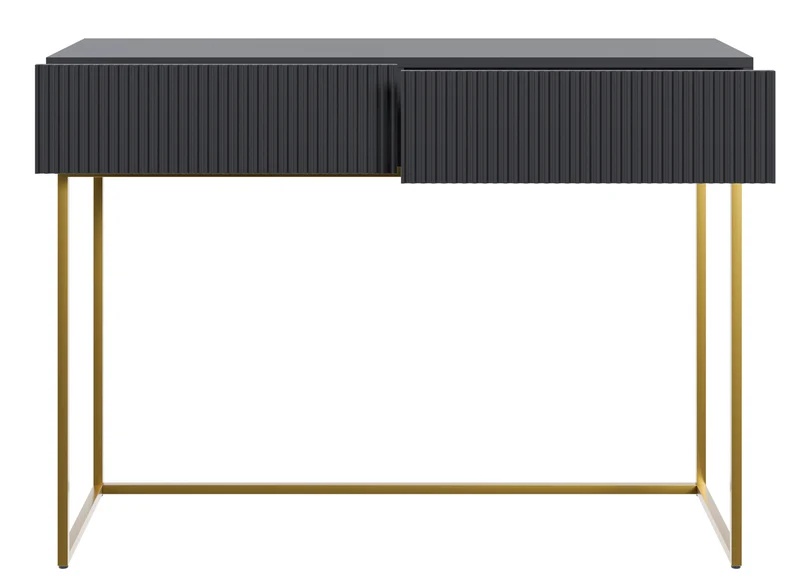 Toilettentisch Veldio mit gefräster Front und zwei Schubladen, 110 cm, Schwarz mit goldenen Beinen