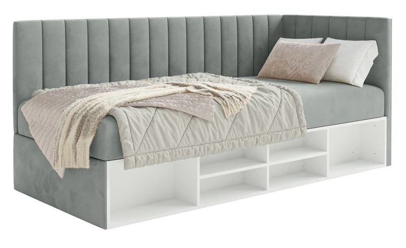 Jugendbett 90x200 cm Ventrio rechtsseitig mit Stauraum und Regalen, grauer Velours, wasserabweisend und leicht zu reinigen