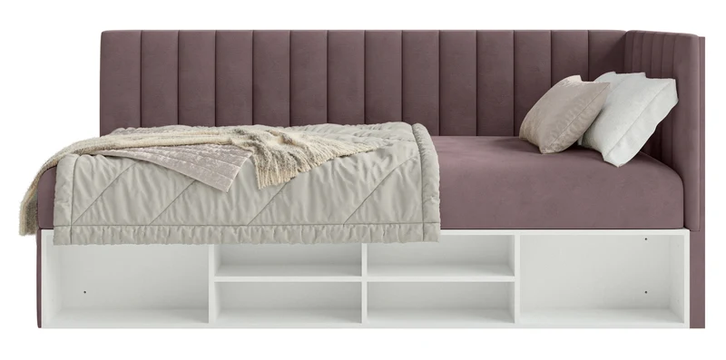 Jugendbett 90x200 cm Ventrio rechtsseitig mit Stauraum und Regalen, violetter Velours, hydrophob und leicht zu reinigen