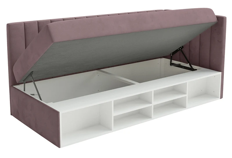 Jugendbett 90x200 cm Ventrio rechtsseitig mit Stauraum und Regalen, violetter Velours, hydrophob und leicht zu reinigen